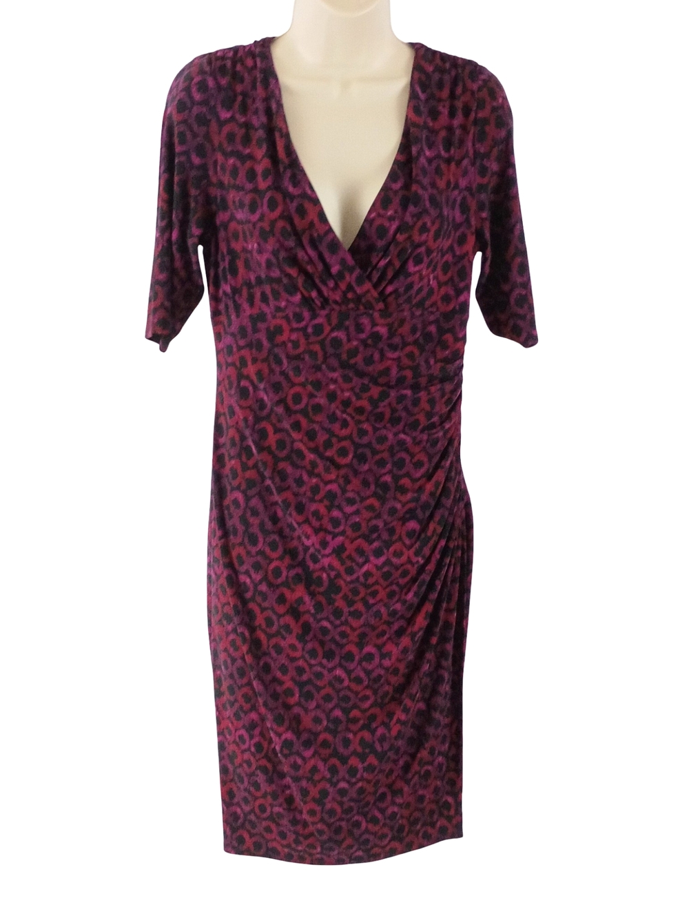 Lauren Ralph Lauren Magenta and Black Print Faux Wrap Midi Dress